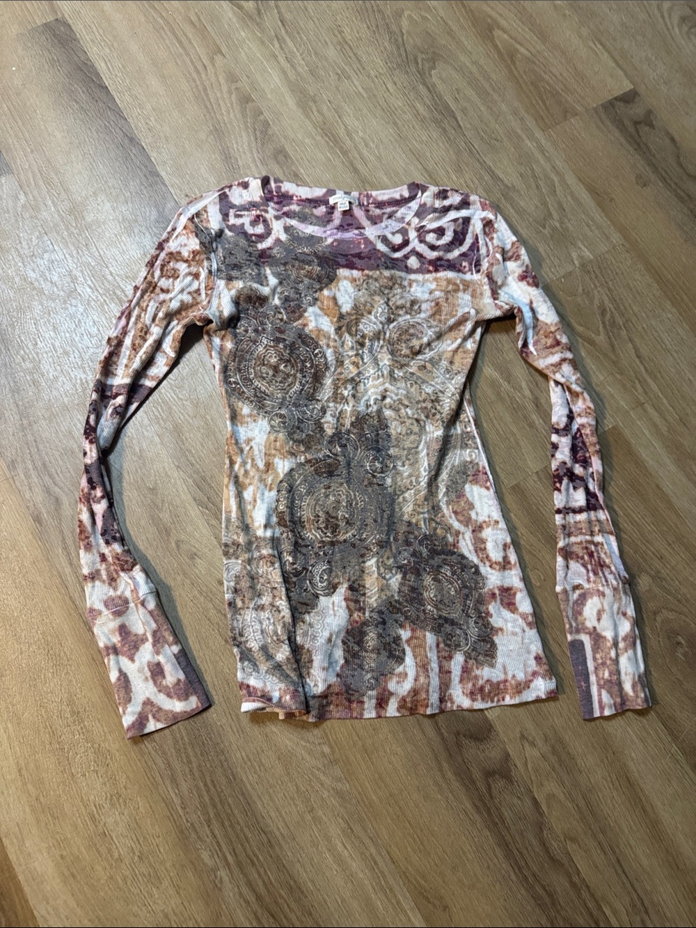 Maurices Long Sleeve Paisley & Swirl Print Tee in Brown, Cream and Burgundy